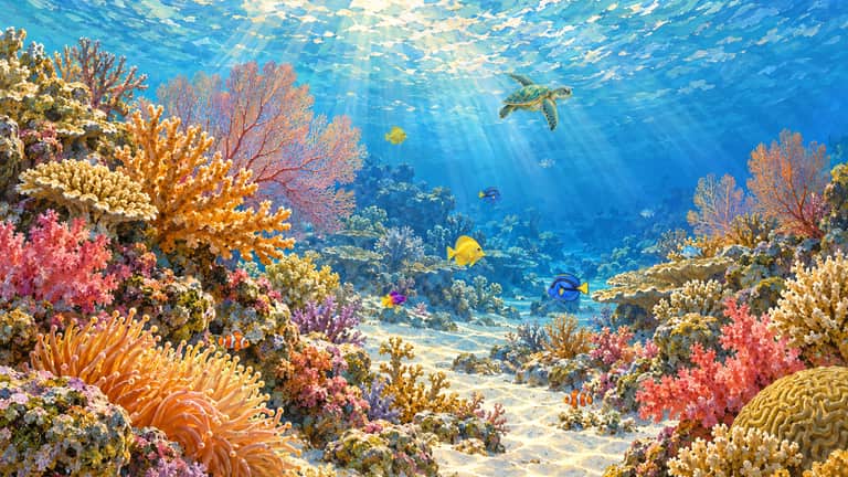 A sunlit coral reef with tropical fish and a sea turtle swimming above.