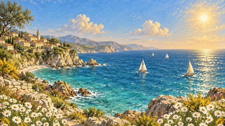 Sailboats on blue water in a sunlit coastal cove.