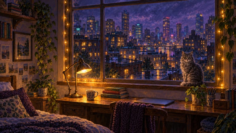 A cat on a windowsill in a cosy room at night, a desk lamp glowing and city lights in the rain outside.