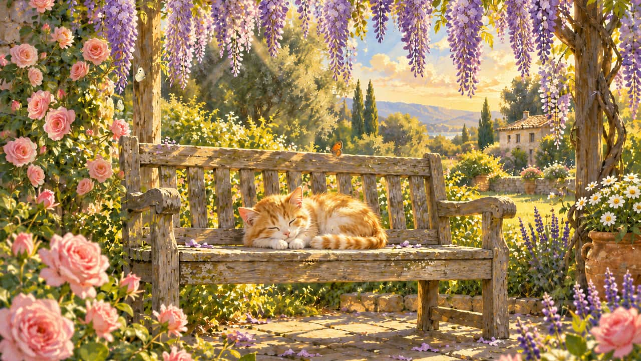 A ginger cat sleeps on a garden bench beneath cascading wisteria, surrounded by roses and sunlit hills.